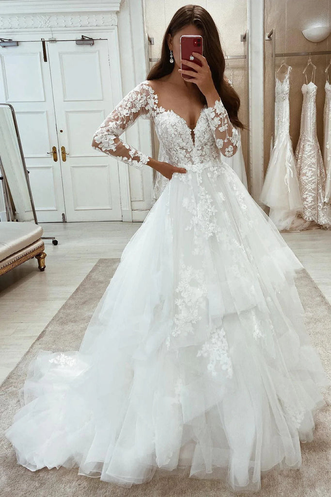 Elegant A line Long Sleeves Lace Appliques Tiered Tulle Wedding