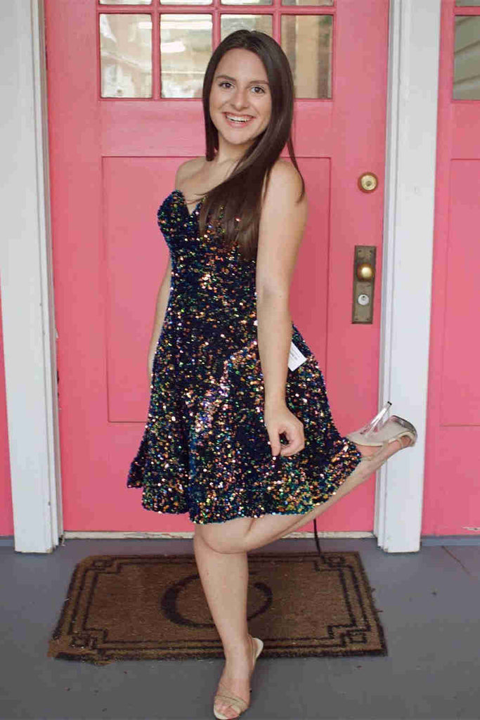 Sweetheart A Line Navy Blue Short Party Dresses Sequins Homecoming Dresses INHD29