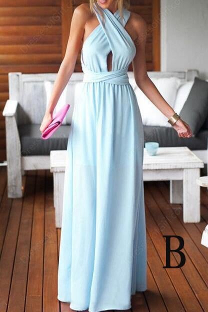 Sheath/Column V-neck Chiffon Floor-length Ruffles Blue Backless Sexy Prom Dresses IN182