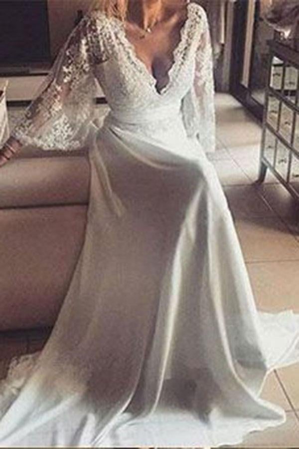 Romantic Boho V Neck Lace Appliques Long Sleeve Beach Wedding Dress INE21