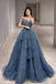 Dusty Blue Sparkly Tulle Beaded Prom Dress, Tiered Formal Gown With Rhinestone IN1932