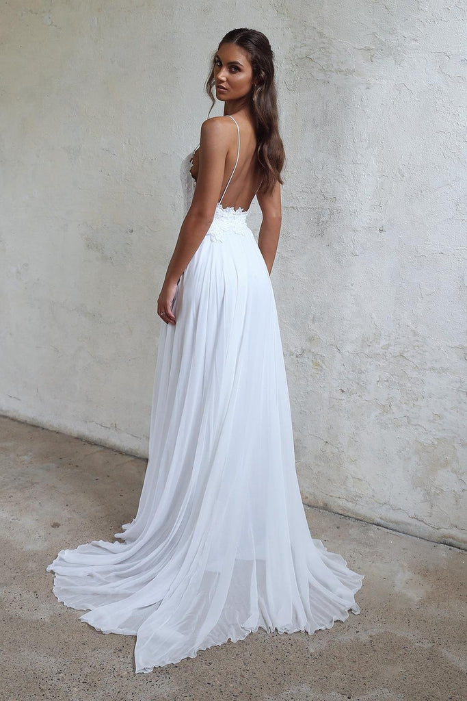 Beautiful A Line Lace Long White Spaghetti Straps Beach/Coast Wedding Dress IN270