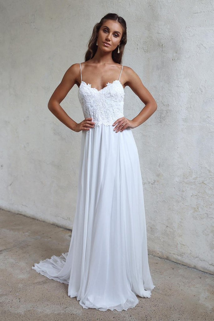 Beautiful A Line Lace Long White Spaghetti Straps Beach/Coast Wedding Dress IN270