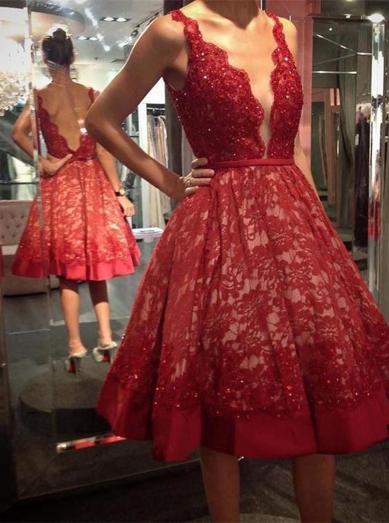 Deep V-neck Red Lace Knee Length Homecoming Dresses,Backless Short Prom Dresses IN350