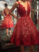 Deep V-neck Red Lace Knee Length Homecoming Dresses,Backless Short Prom Dresses IN350