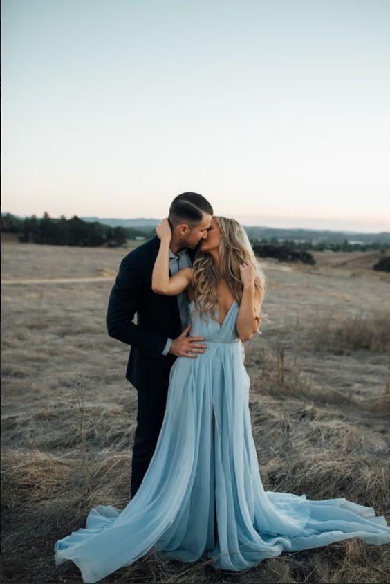 Sexy Split Sky Blue Beach Simple Wedding Dresses Chiffon Long Prom Dress INI21