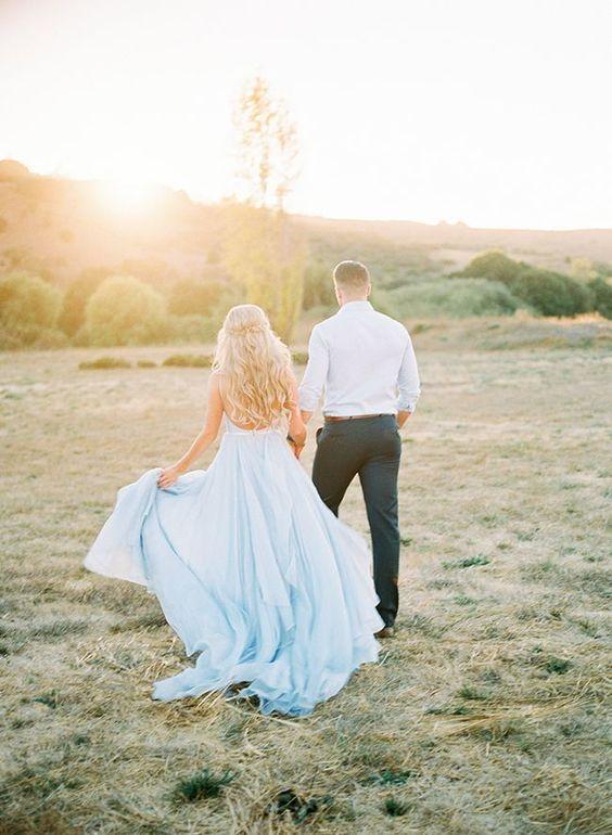 Sexy Split Sky Blue Beach Simple Wedding Dresses Chiffon Long Prom Dress INI21