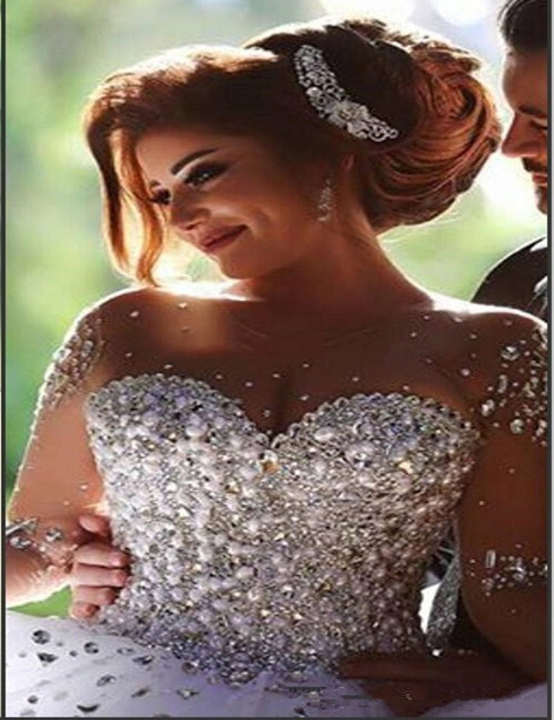 Stunning Long Sleeves Tulle Ball Gown Beaded Wedding Dress INH69