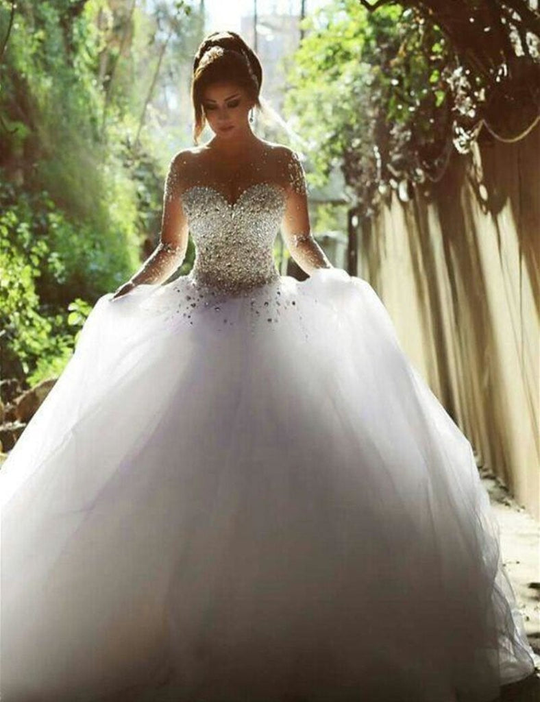 Stunning Long Sleeves Tulle Ball Gown Beaded Wedding Dress INH69