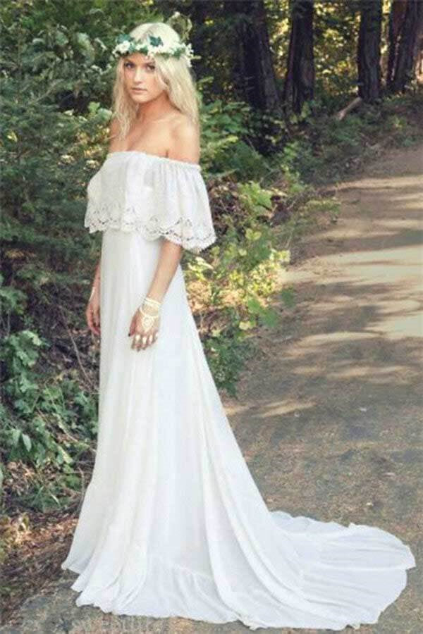 Ivory Chiffon A-line Off-the-Shoulder Bohemian Lace Beach Wedding Dresses IN1814