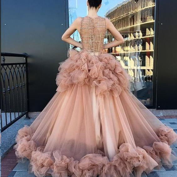 Ball Gown Scoop Ruffles Tulle Long Beautiful Beading Prom Dress,Quinceanera Dresses ING26