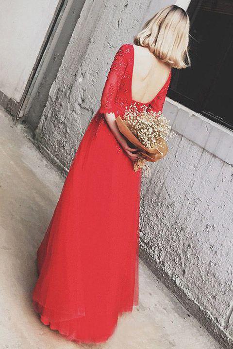 Red Bateau Floor-length Appliques Half Sleeves Long Prom Dresses Evening Dress INS49