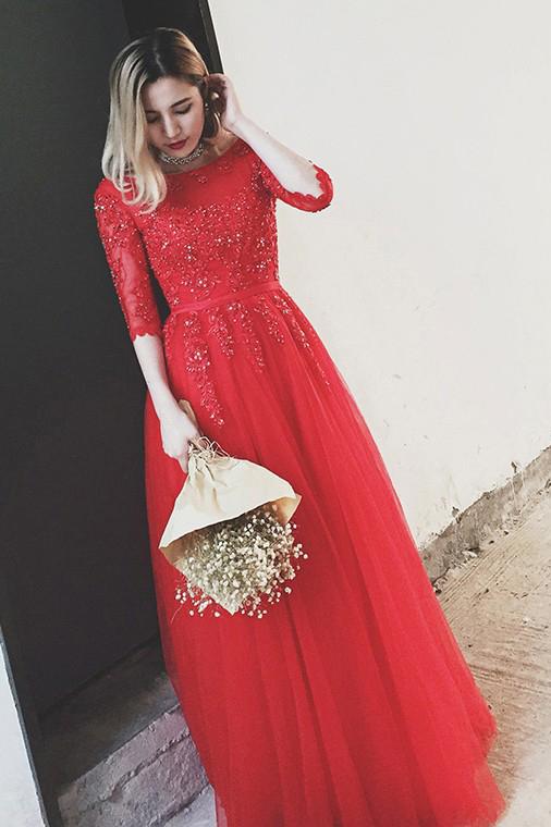 Red Bateau Floor-length Appliques Half Sleeves Long Prom Dresses Evening Dress INS49