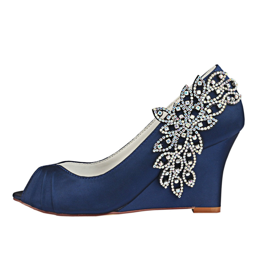 Dark Blue Wedge Wedding Shoes with Rhinestone,Elegant Wedding Party Shoes, L-933