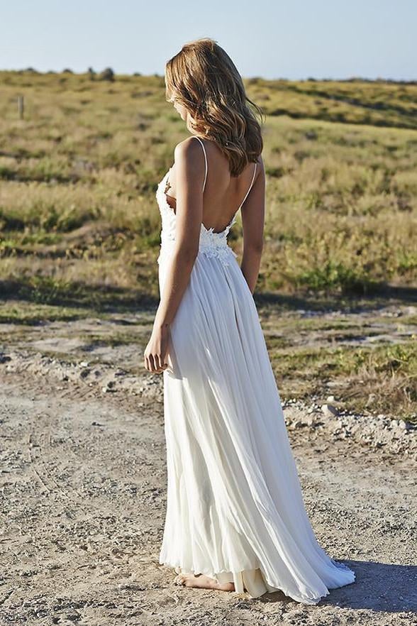 Summer A Line Lace Long Ivory Spaghetti Straps Beach/Coast Wedding Dress IN269