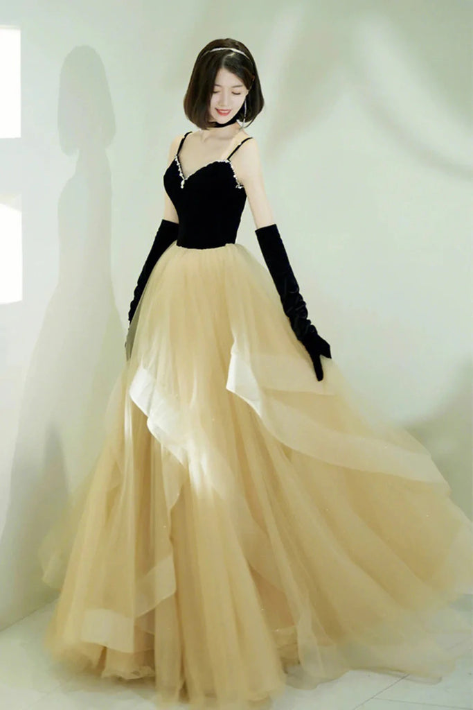 Black A Line Tulle Long Prom Dresses, Spaghetti Straps Evening Party Dresses IN1921