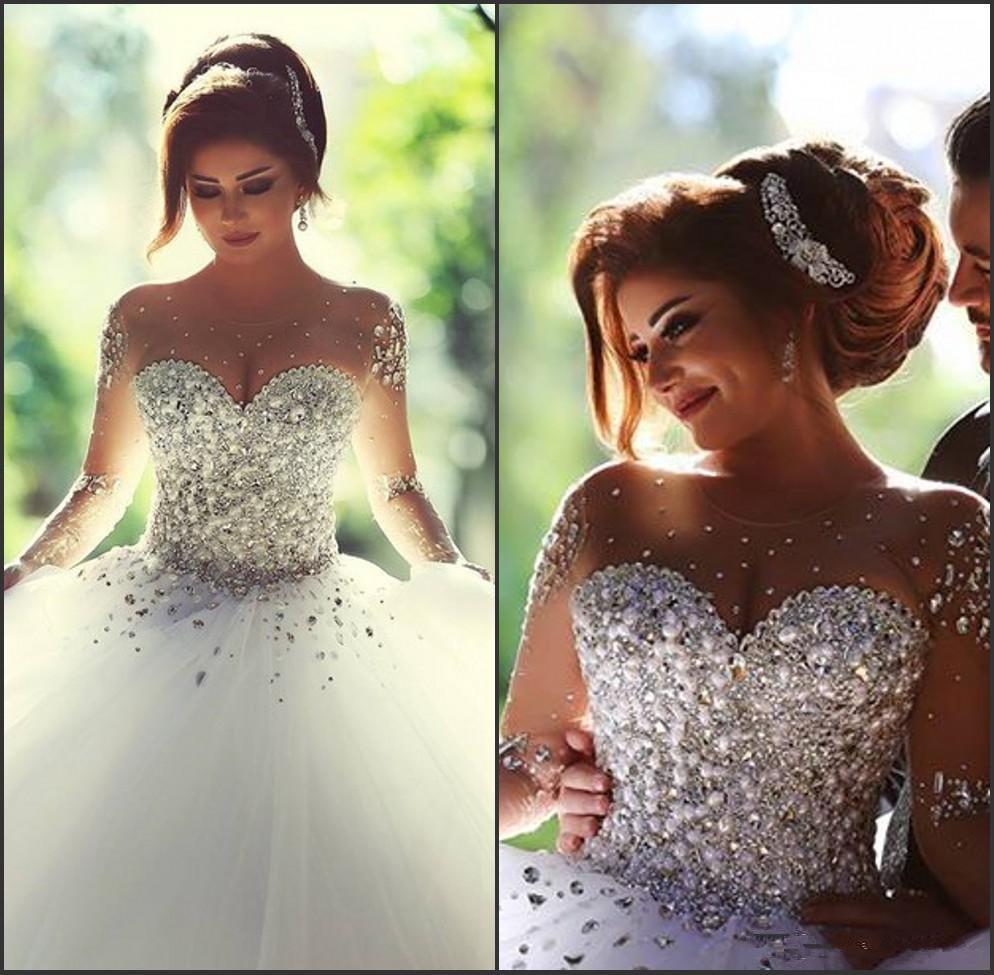 Stunning Long Sleeves Tulle Ball Gown Beaded Wedding Dress INH69