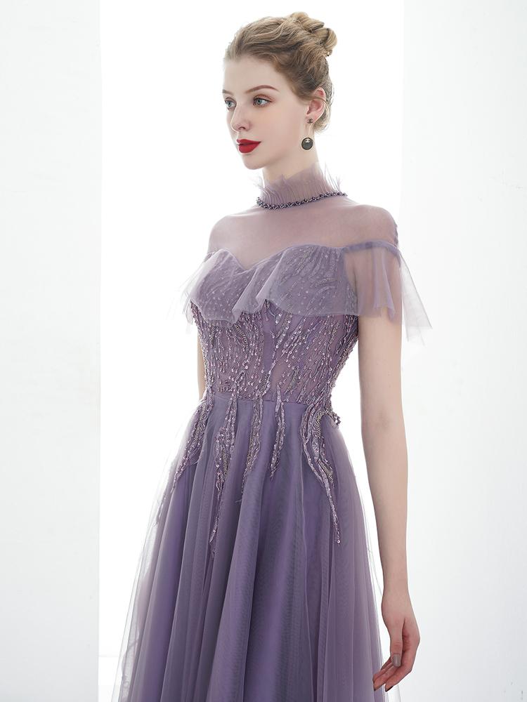 A-line Tulle Long High Neck Purple Prom Dress With Ruffles Formal Evening Dress INR86