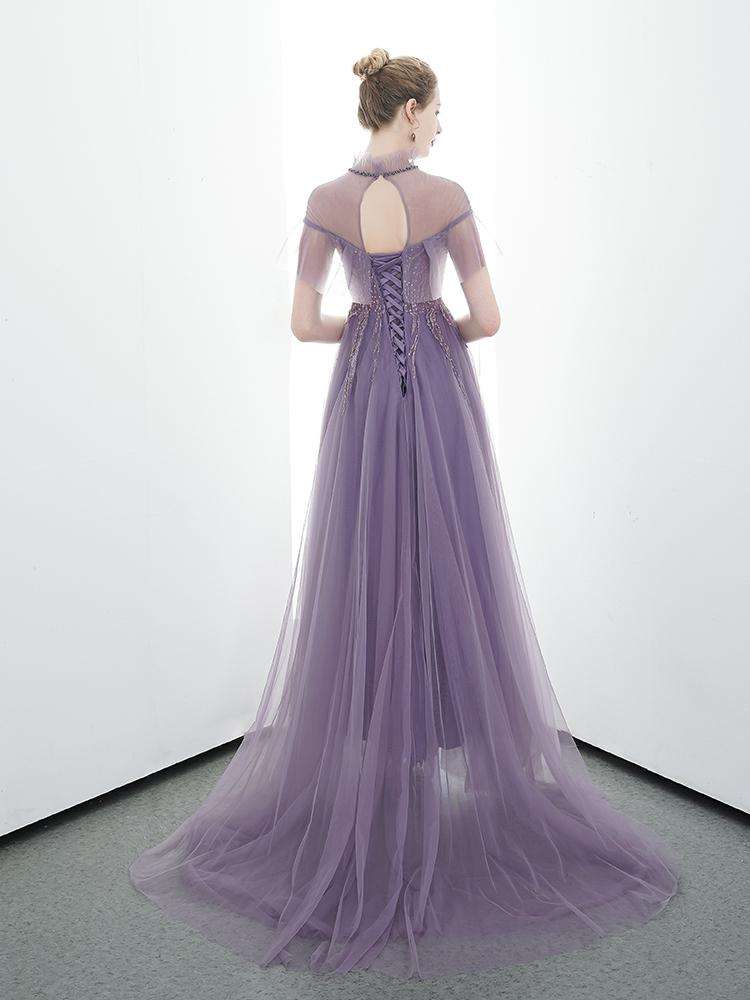 A-line Tulle Long High Neck Purple Prom Dress With Ruffles Formal Evening Dress INR86