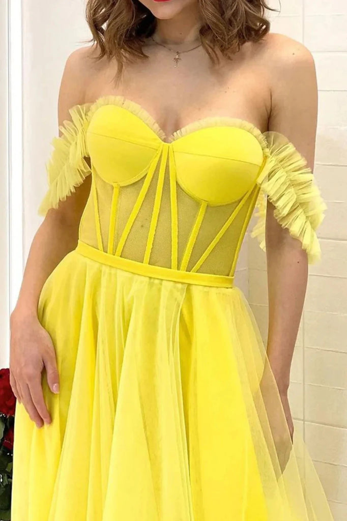 A Line Off the Shoulder Yellow Tulle Long Prom Dresses, Formal Evening Dresses IN1919