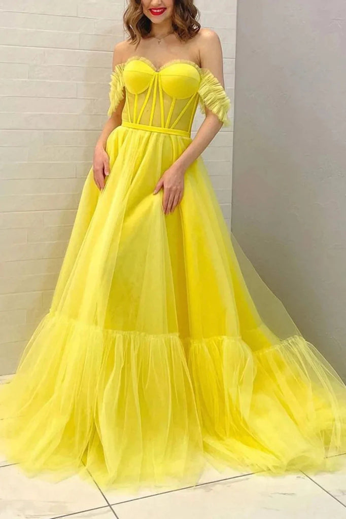 A Line Off the Shoulder Yellow Tulle Long Prom Dresses, Formal Evening Dresses IN1919