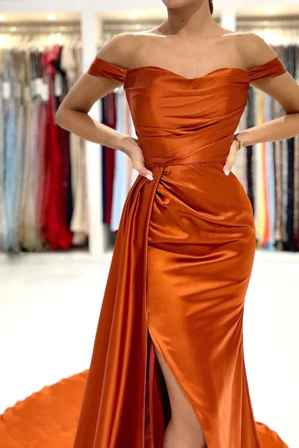 Orange Mermaid Satin Off-the-Shoulder Prom Dresses, Long Formal Evening Dresses IN2008