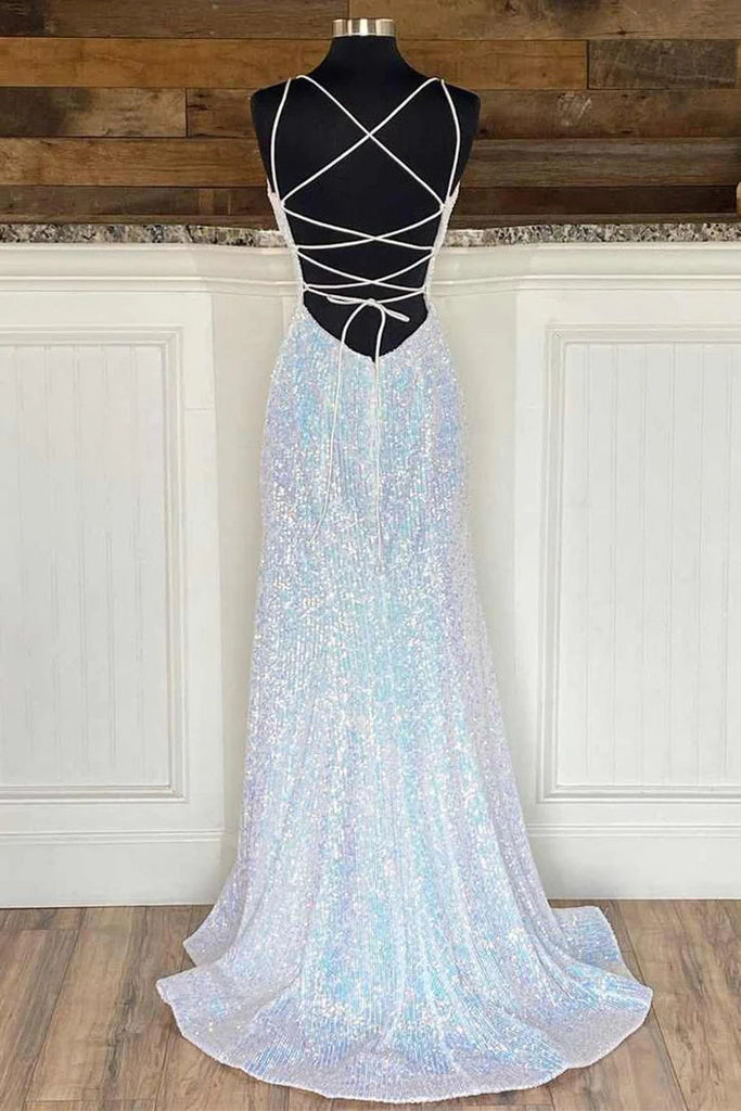 Silver Sequin V-Neck Empire Mermaid Long Prom Dress Evening Dresses IN2027