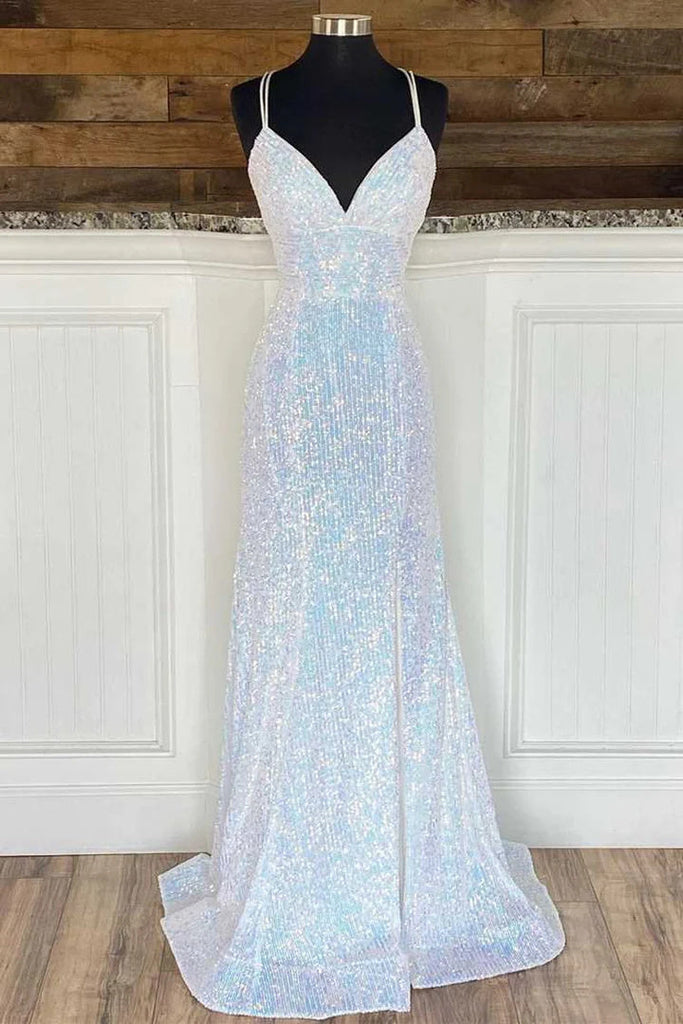 Silver Sequin V-Neck Empire Mermaid Long Prom Dress Evening Dresses IN2027