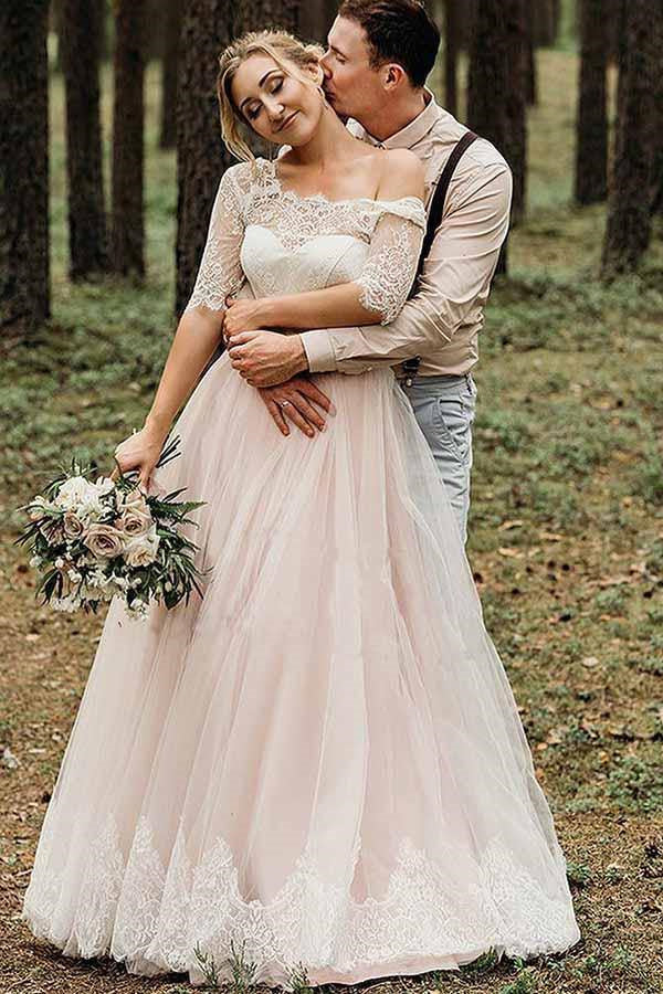 A Line Pink Tulle Lace Backless Half Sleeves Lace Up Wedding Dresses, Bridal Gown IN1881