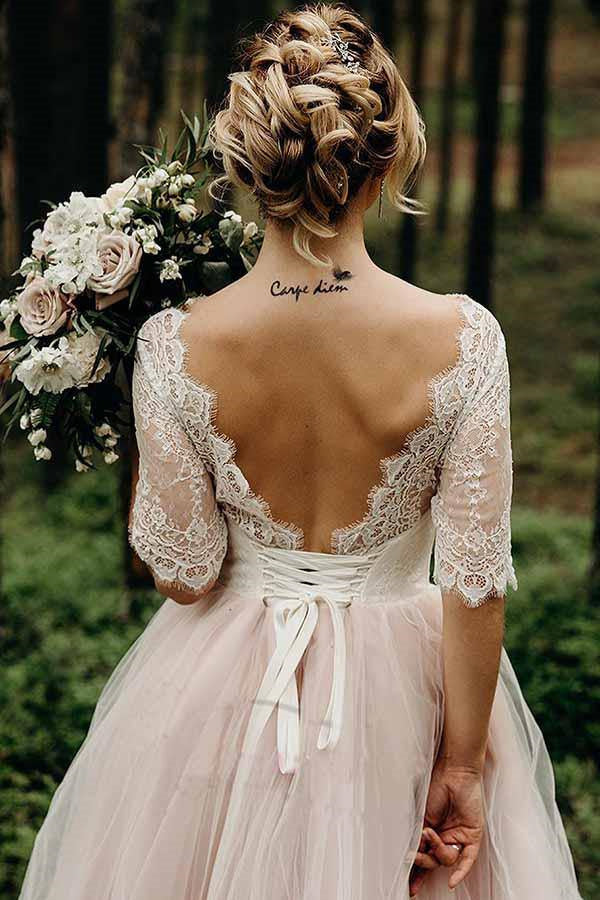 A Line Pink Tulle Lace Backless Half Sleeves Lace Up Wedding Dresses, Bridal Gown IN1881