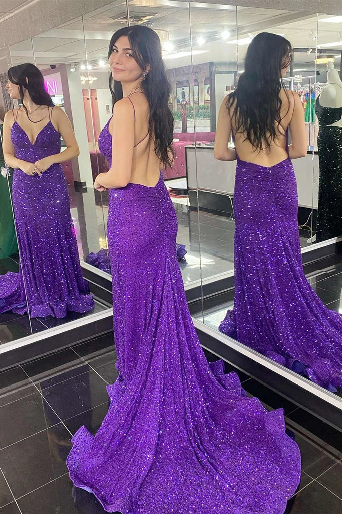 Purple V Neck Backless Sequins Long Prom Dresses, Formal Evening Dresses IN1916