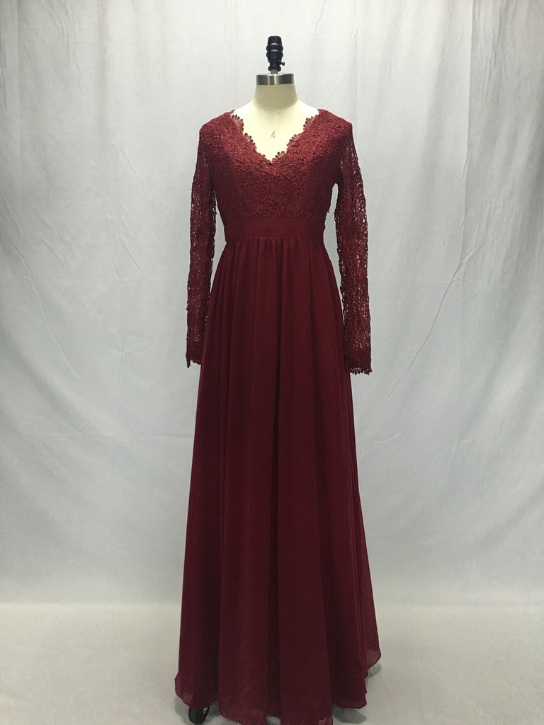 Lace Chiffon Bodice Burgundy Prom Dress,Long Simple Bridesmaid Dress with Long Sleeves IN381