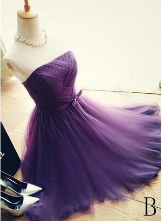 Elegant A-Line Strapless Purple Tulle Short Homecoming Dress with Bowknot IN327