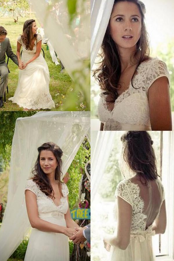 Elegant Cap Sleeve A Line V Back Cheap Long Lace Backless Wedding Dresses IN389