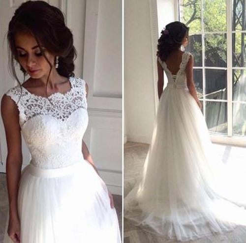 White Lace Sleeveless Wedding Dresses,Sexy Tulle A Line Long Bridal Gowns IN390