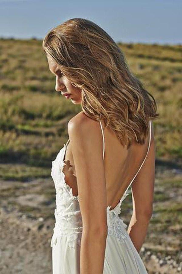 Summer A Line Lace Long Ivory Spaghetti Straps Beach/Coast Wedding Dress IN269