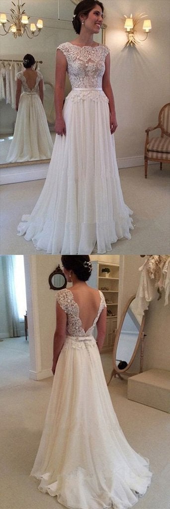 A-line Lace Cap Sleeves White Wedding Dress,Sexy Backless Cheap Long Bridal Dress IN391