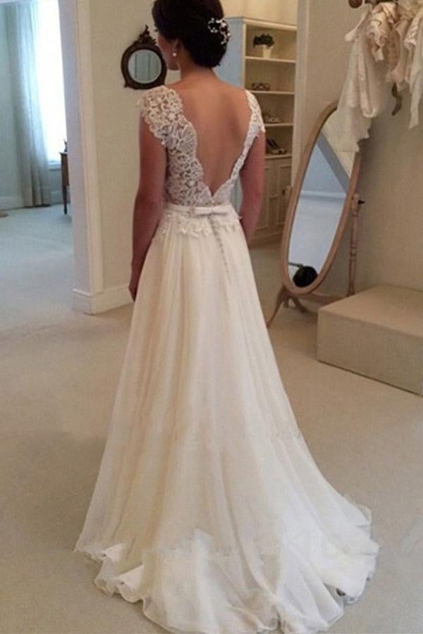 A-line Lace Cap Sleeves White Wedding Dress,Sexy Backless Cheap Long Bridal Dress IN391