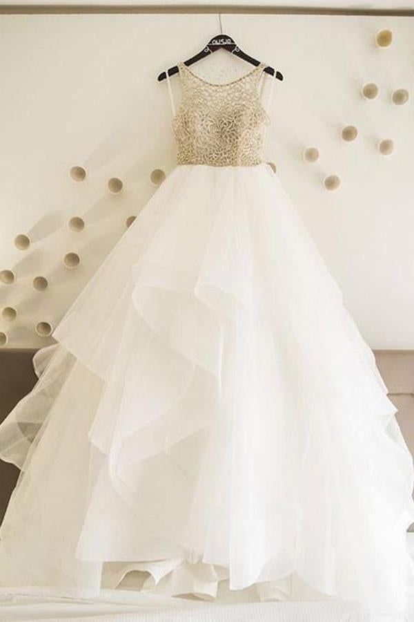 Simple A line Tulle Wedding Dresses, Cheap Long Prom Dress INC69