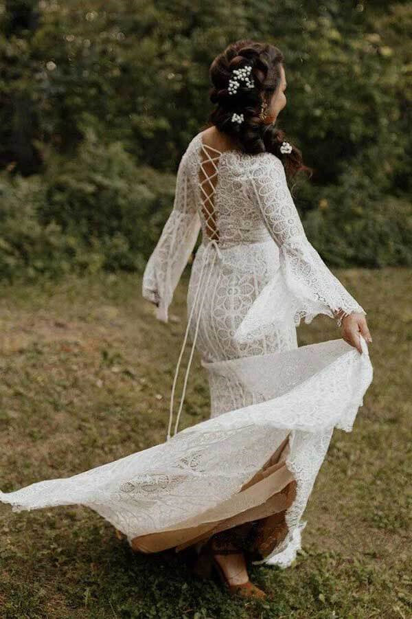 Sheath Long Sleeves Lace up Back Beach Wedding Dresses, Boho Bridal Gown IN1882