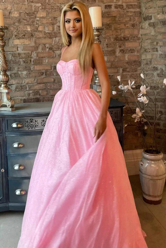 Shiny A Line Pink Tulle Spaghetti Straps Sparkly Long Prom Dress IN1969