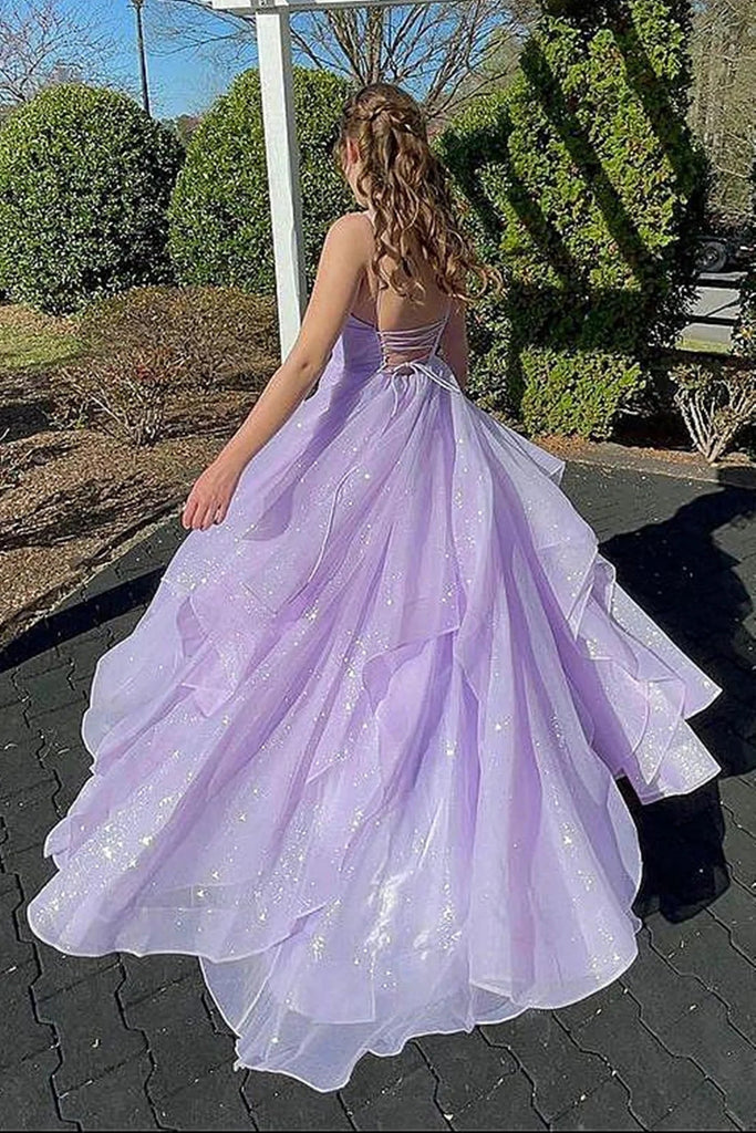 Shiny V Neck Lilac Backless Long Prom Dresses, Formal Evening Dresses IN1918