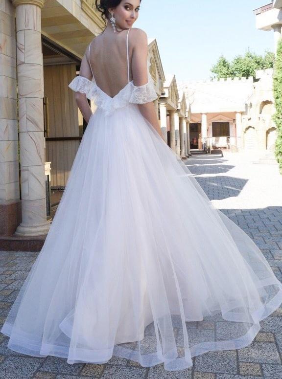 Spaghetti Straps Lace Dropped Sleeves Tulle A Line Beach Wedding