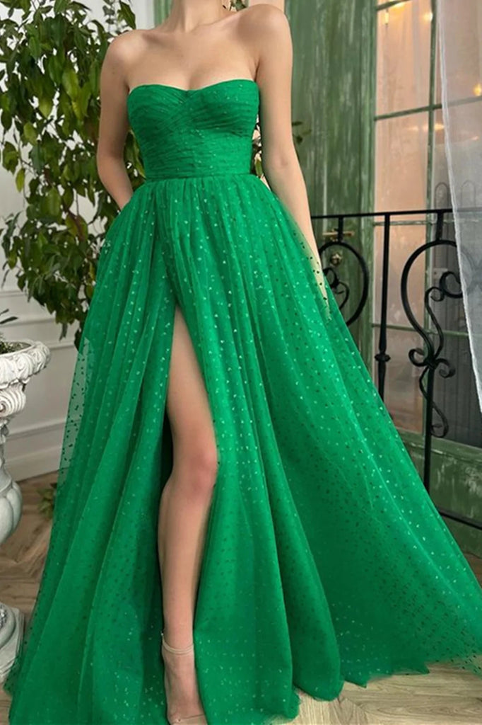 Strapless Green Long A Line Tulle Prom Dresses, Formal Evening Dresses IN1993