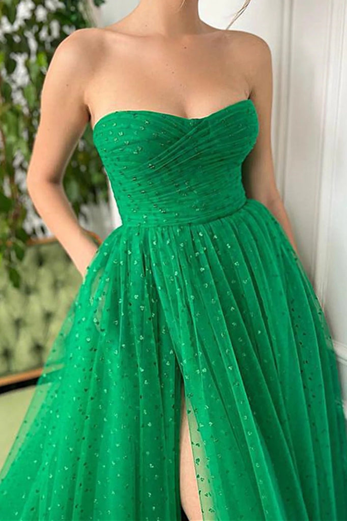 Strapless Green Long A Line Tulle Prom Dresses, Formal Evening Dresses IN1993