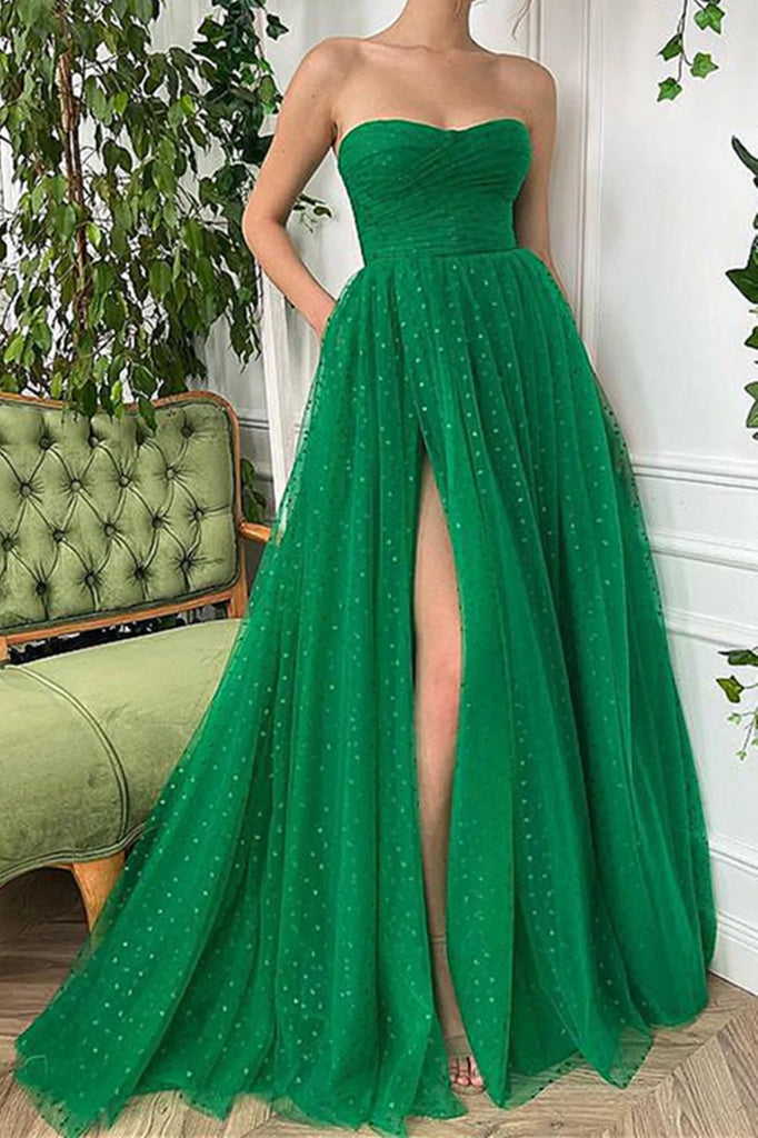 Strapless Green Long A Line Tulle Prom Dresses, Formal Evening Dresses IN1993