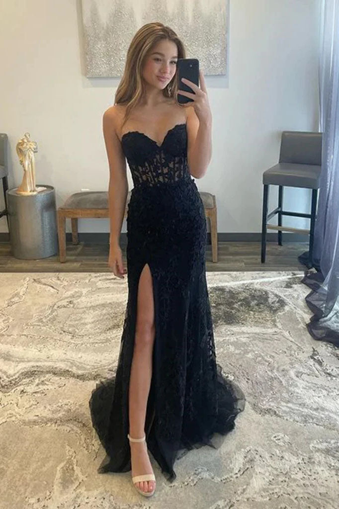 Strapless Mermaid Black Lace Long Prom Dresses, Formal Evening Dresses IN1900