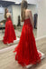 Chic Strapless Red A Line Tulle Long Prom Dress with Lace Appliques IN1968