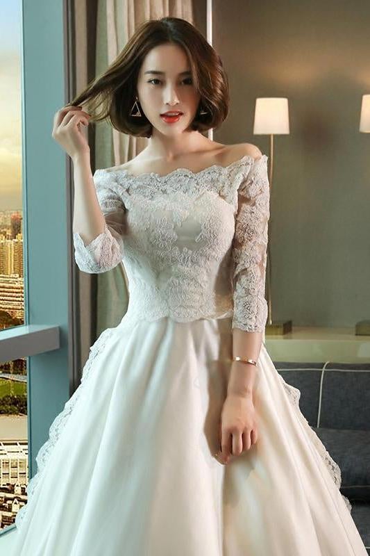 Modest 3/4 Sleeve Off the Shoulder A Line Lace Wedding Dress IN642