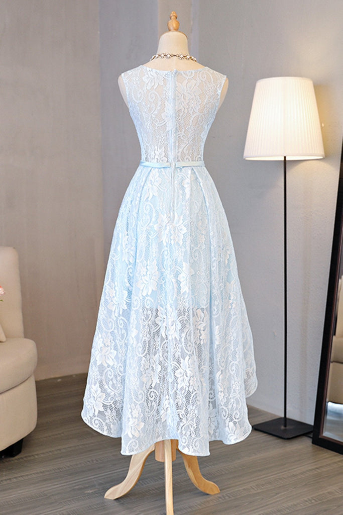 Light Blue Lace Round Neck High Low Halter Bow Prom/Homecoming Dresses,Sweet 16 Dress IN248